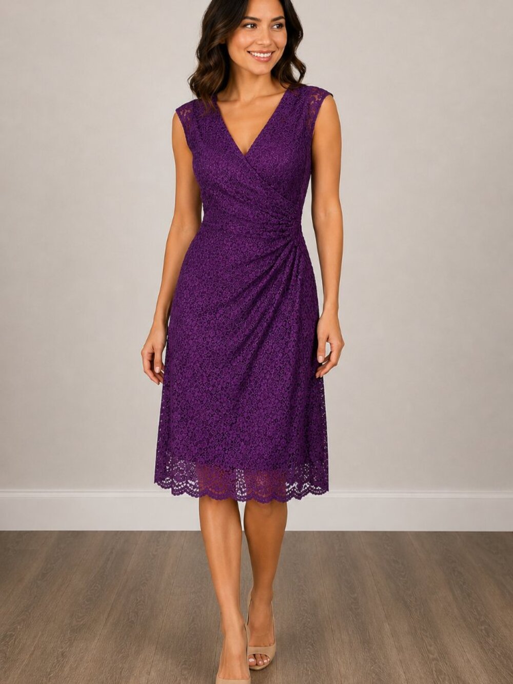 Purple Lace Elegant Cocktail Dress Petite Sz 8 V Neck Sleeveless Wedding Guest
